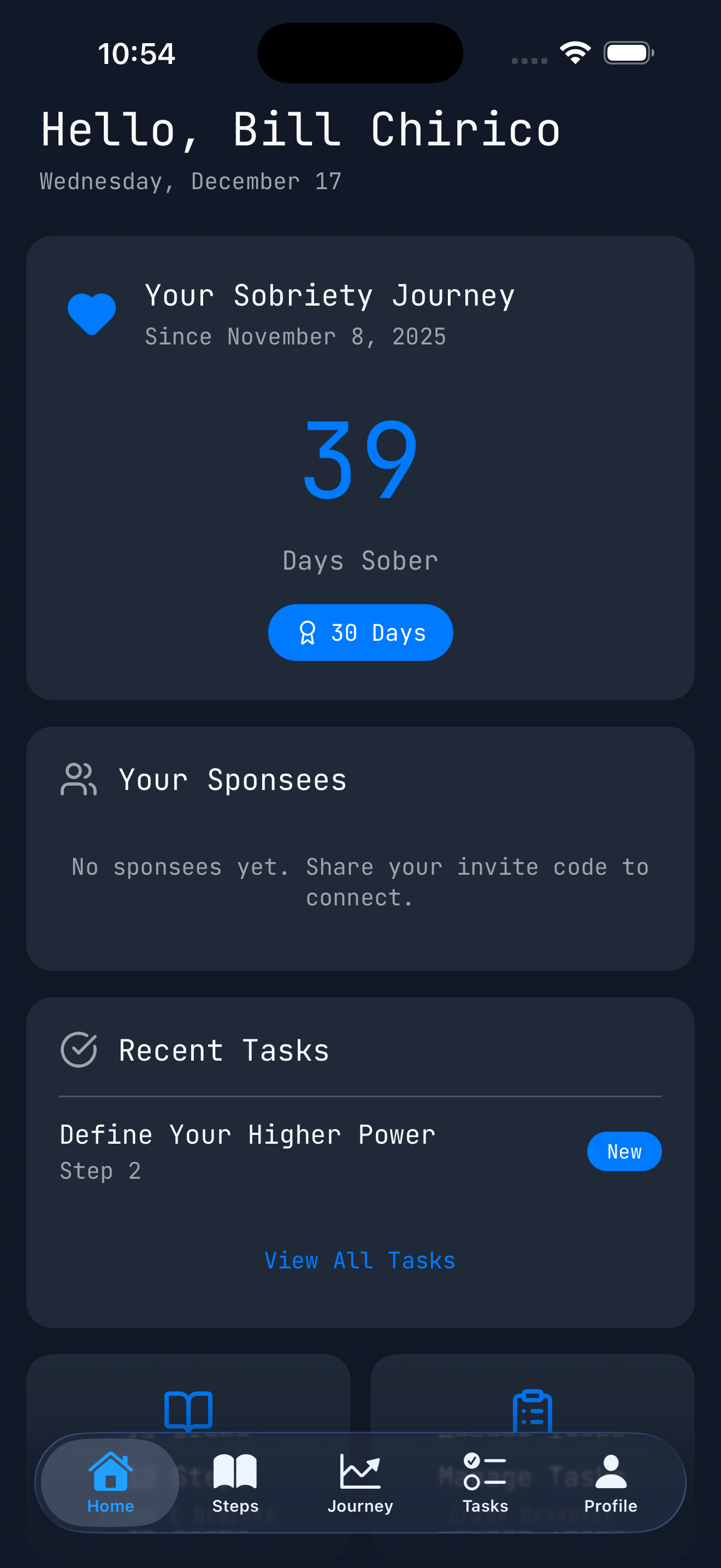 Sobers dashboard showing sobriety counter and daily check-in
