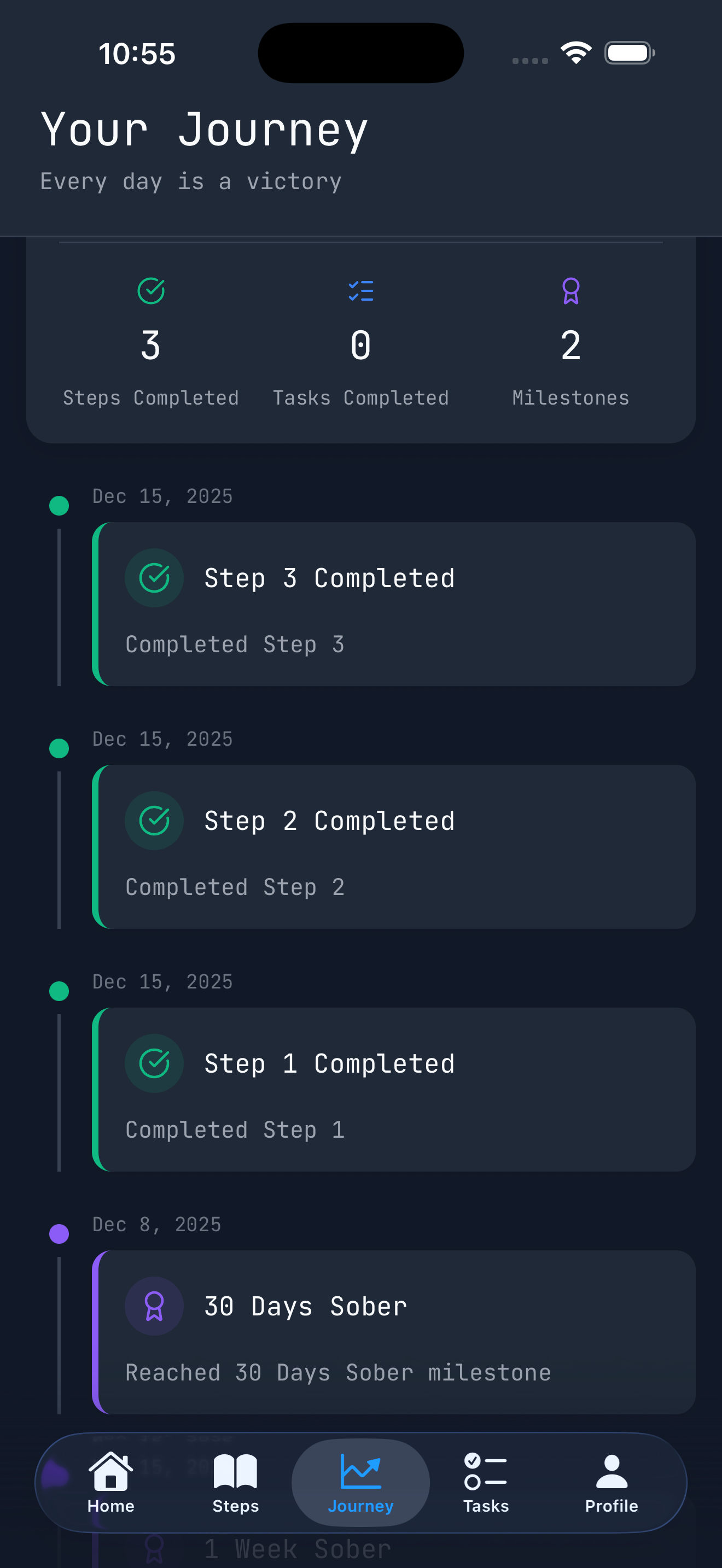 Journey timeline showing milestones and progress